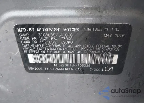 2017 Mitsubishi Mirage G4 Es из США, поврежденный, VIN ML32F3FJ1HHF06335